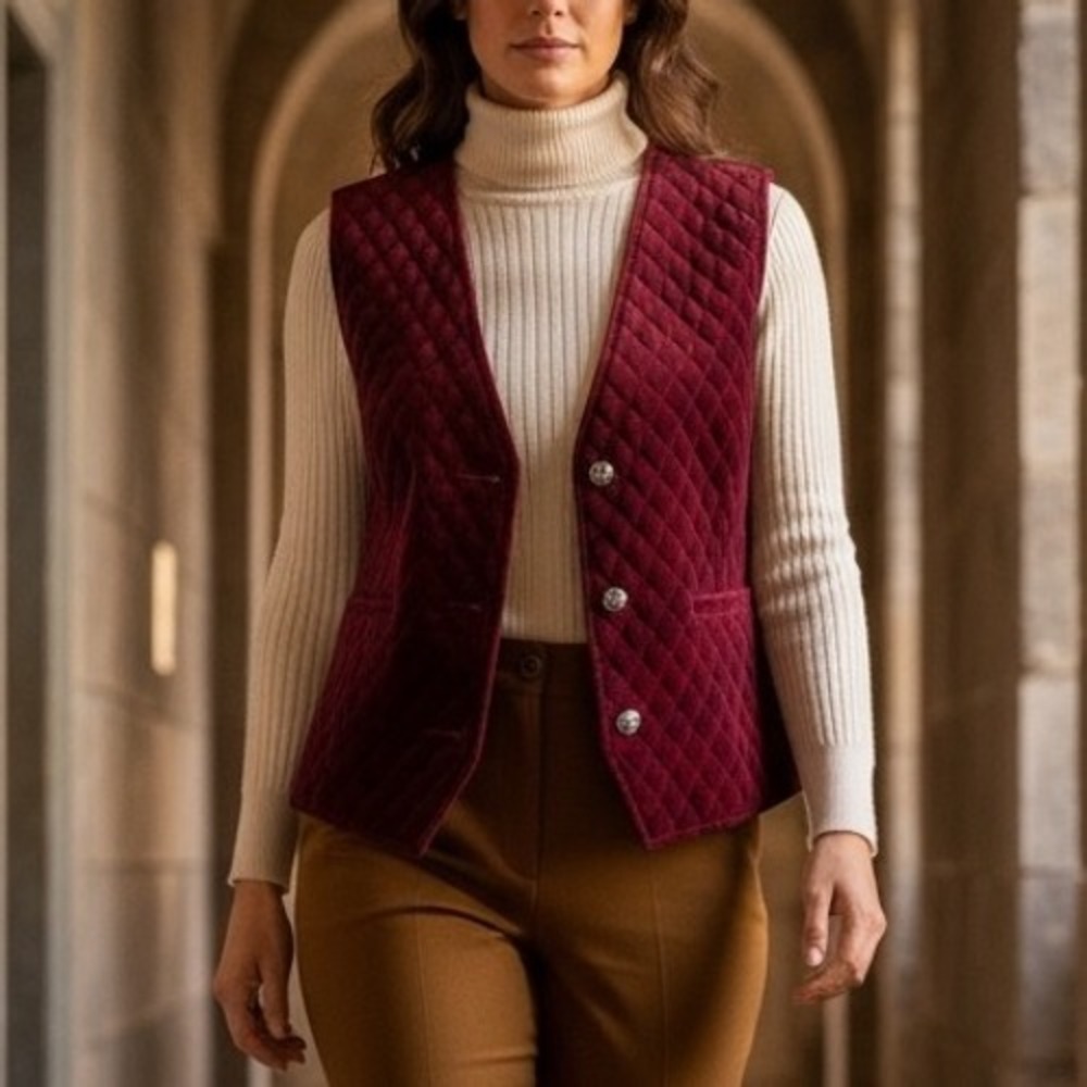 Rafaella Quilted Velvet‎ Vest Burgundy Button Front Vintage 90s Fall Preppy 8